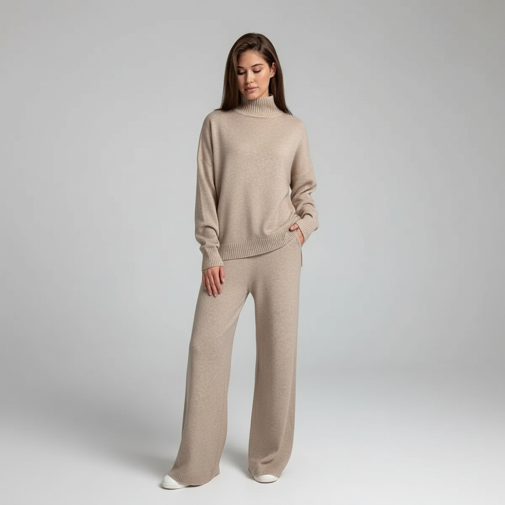Women's Turtleneck Knit Loungewear Set with Wide-Leg Trousers - 12