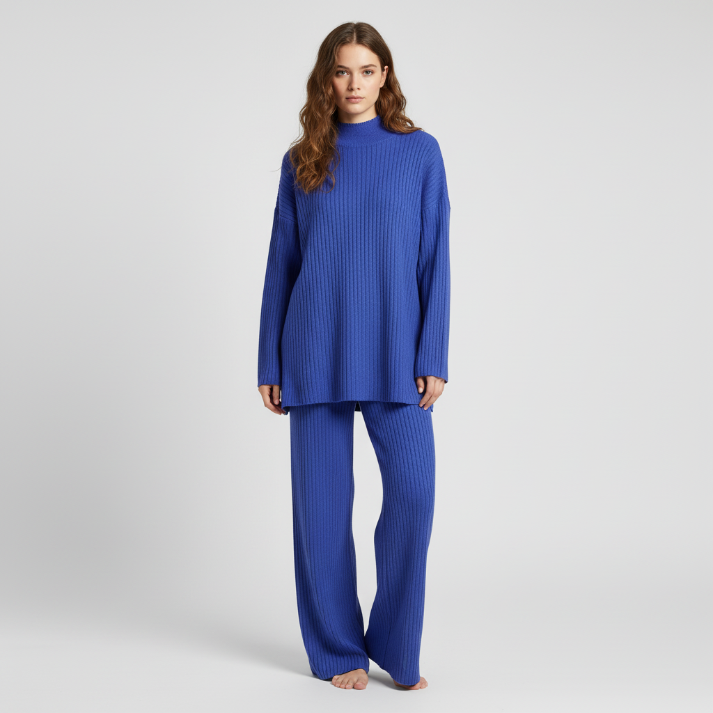 Women's Turtleneck Knit Loungewear Set with Wide-Leg Trousers - Dark Blue