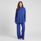 Women's Turtleneck Knit Loungewear Set with Wide-Leg Trousers - Dark Blue