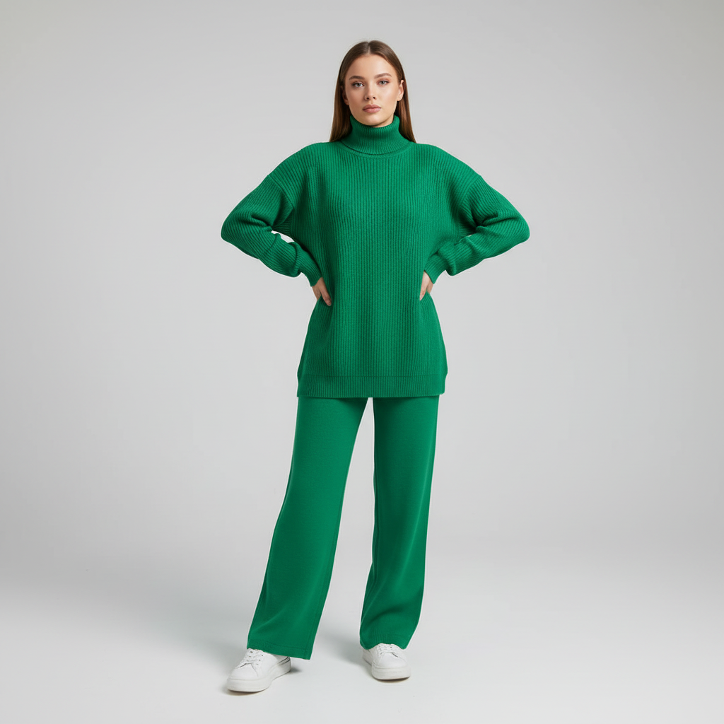 Women's Turtleneck Knit Loungewear Set with Wide-Leg Trousers - Green