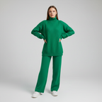 Women's Turtleneck Knit Loungewear Set with Wide-Leg Trousers - Green