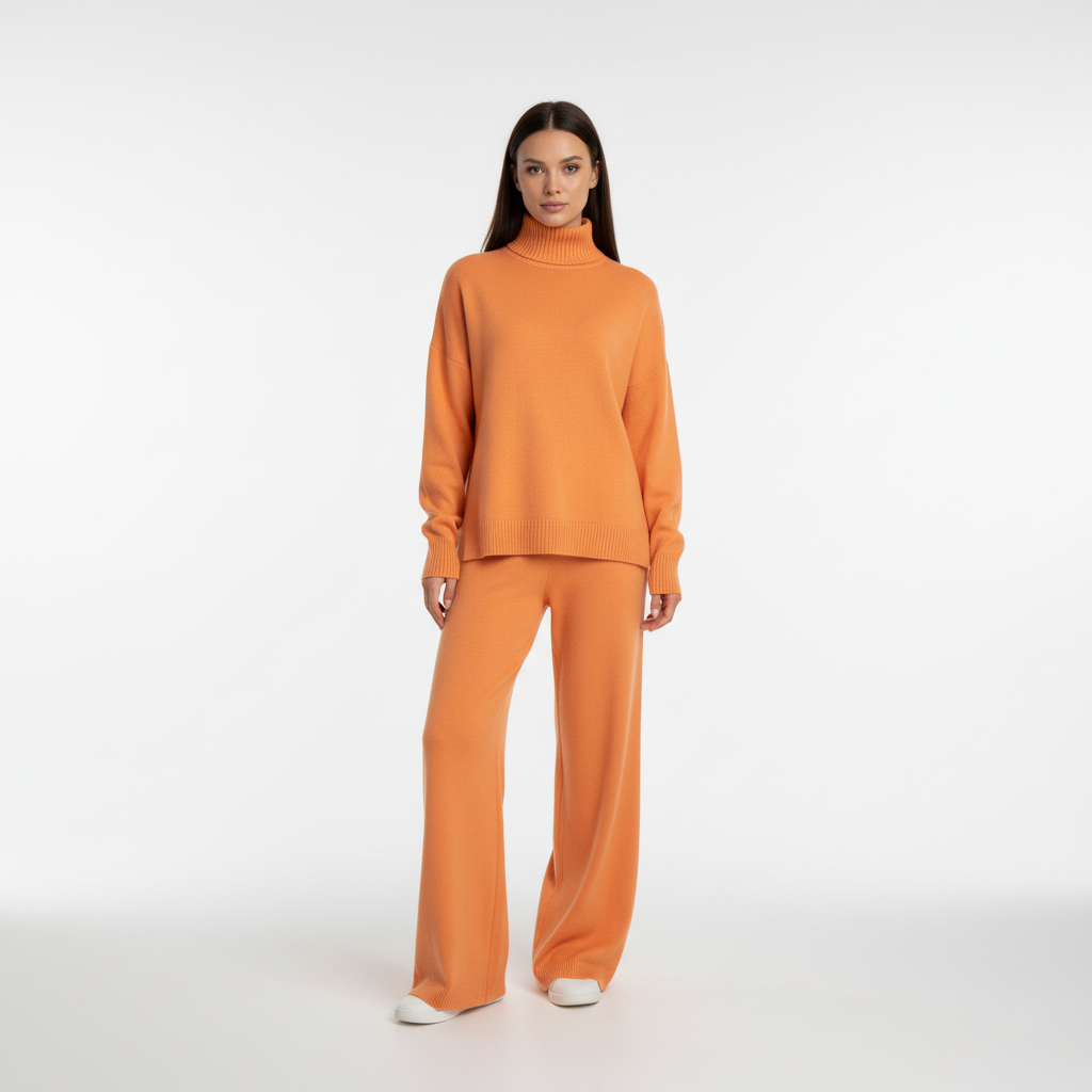 Women's Turtleneck Knit Loungewear Set with Wide-Leg Trousers - Orange