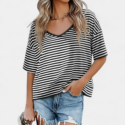 Women's Relaxed V-Neck Casual Tee - Striped Black