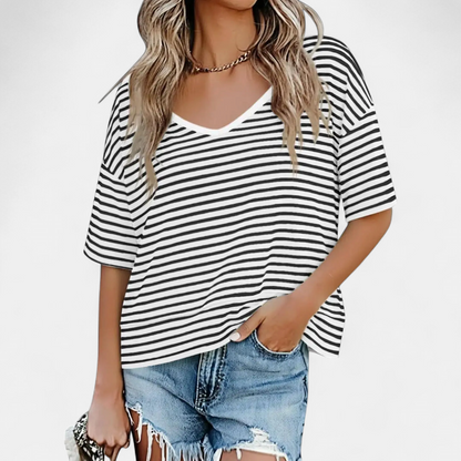 Women's Relaxed V-Neck Casual Tee - Striped White