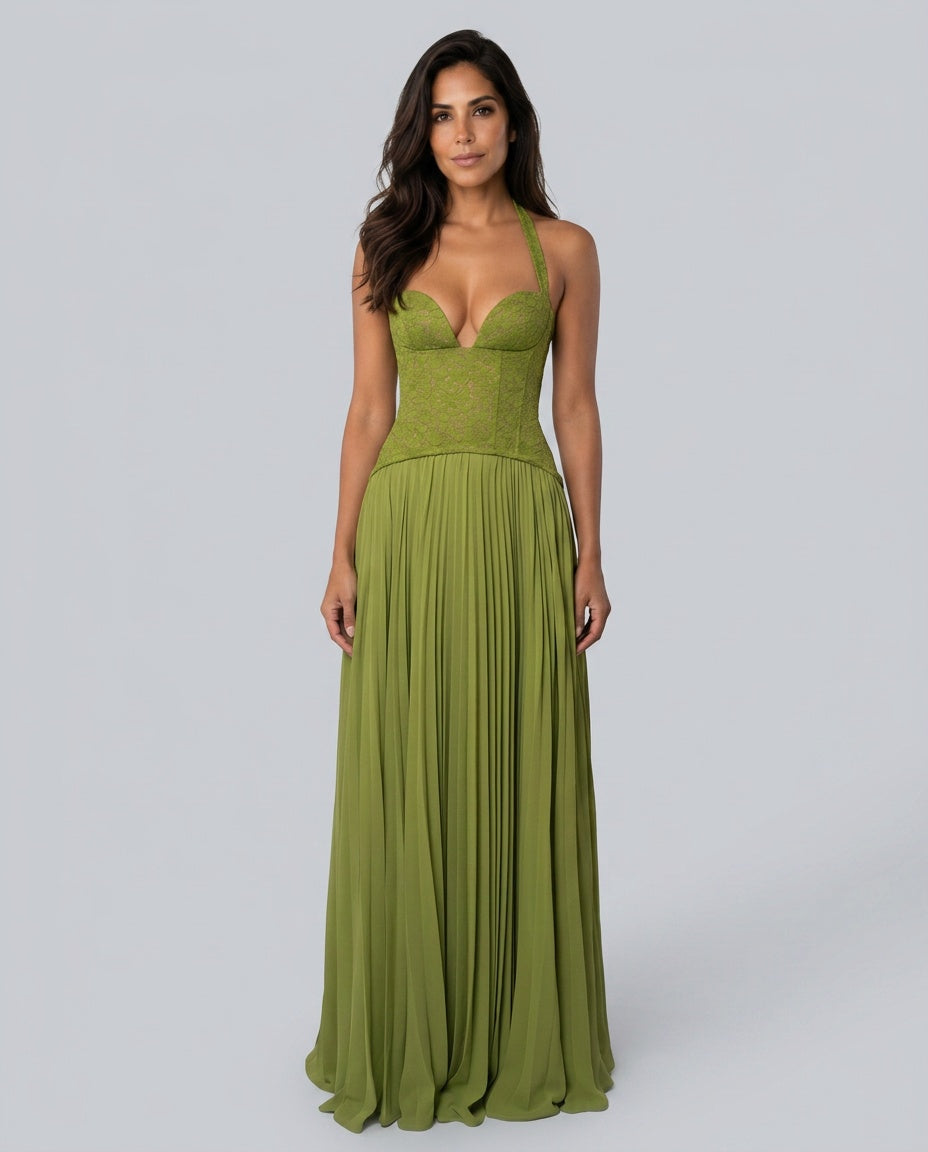 Women's Sweetheart Maxi Dress with Lace Bodice and Pleated Skirt - 2