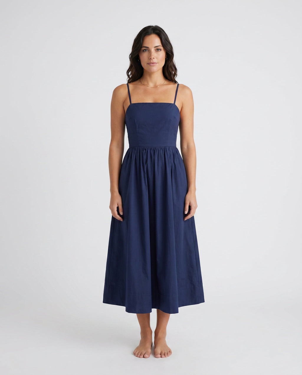 Women's Midi Dress Sleeveless with Low Open Back and A-Line Skirt - Navy