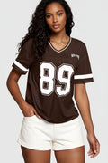 Women's Varsity T-Shirt with V-Neck and Contrast Stripe Sleeves - Brown