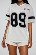 Women's Varsity T-Shirt with V-Neck and Contrast Stripe Sleeves - White