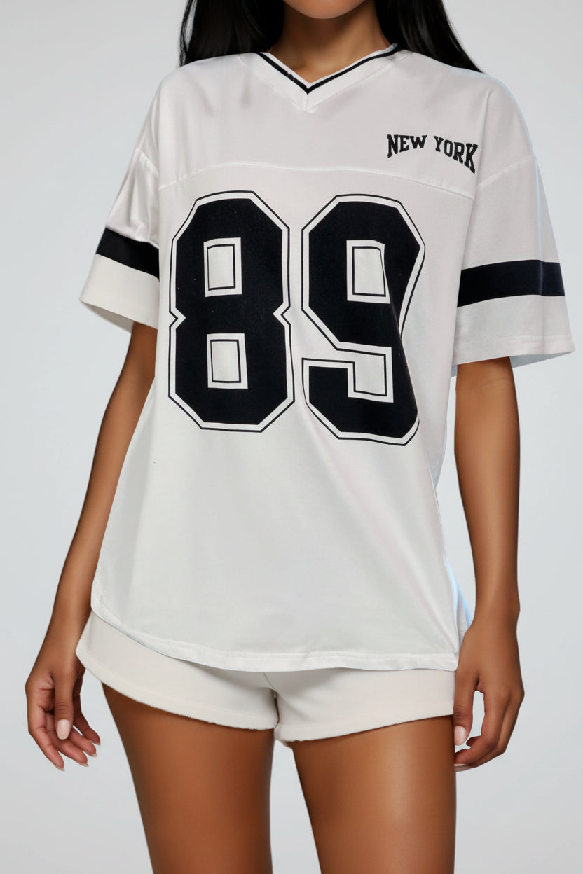 Women's Varsity T-Shirt with V-Neck and Contrast Stripe Sleeves - White