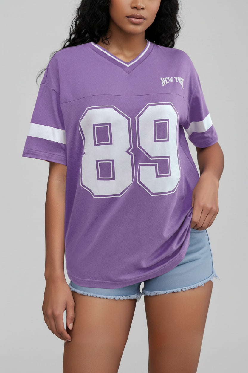 Women's Varsity T-Shirt with V-Neck and Contrast Stripe Sleeves - Purple