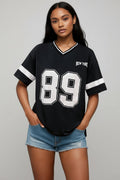 Women's Varsity T-Shirt with V-Neck and Contrast Stripe Sleeves - Black