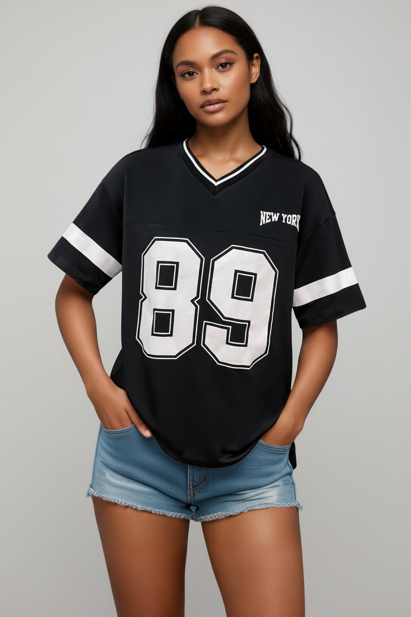Women's Varsity T-Shirt with V-Neck and Contrast Stripe Sleeves - Black