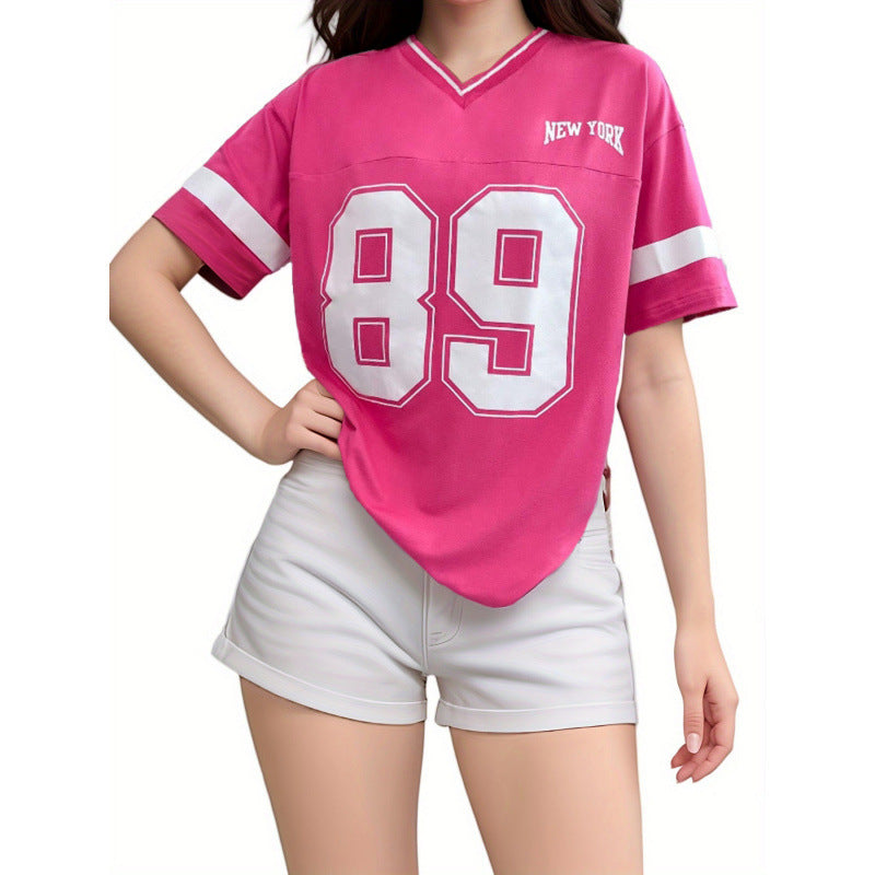 Women's Varsity T-Shirt with V-Neck and Contrast Stripe Sleeves - Pink