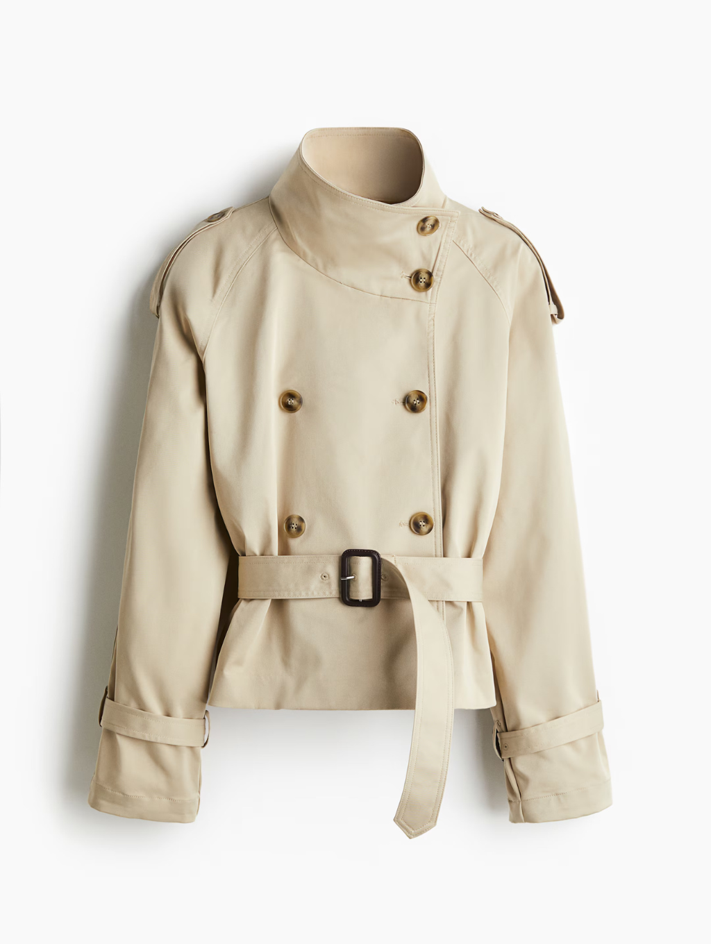 Women's Cropped Trench Coat with Double-Breasted Buttons and Belt - 2