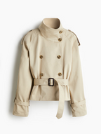 Women's Cropped Trench Coat with Double-Breasted Buttons and Belt - 2
