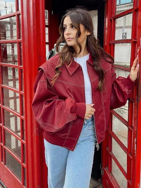 Women's Oversized Jacket with Contrast Seam Details - 6