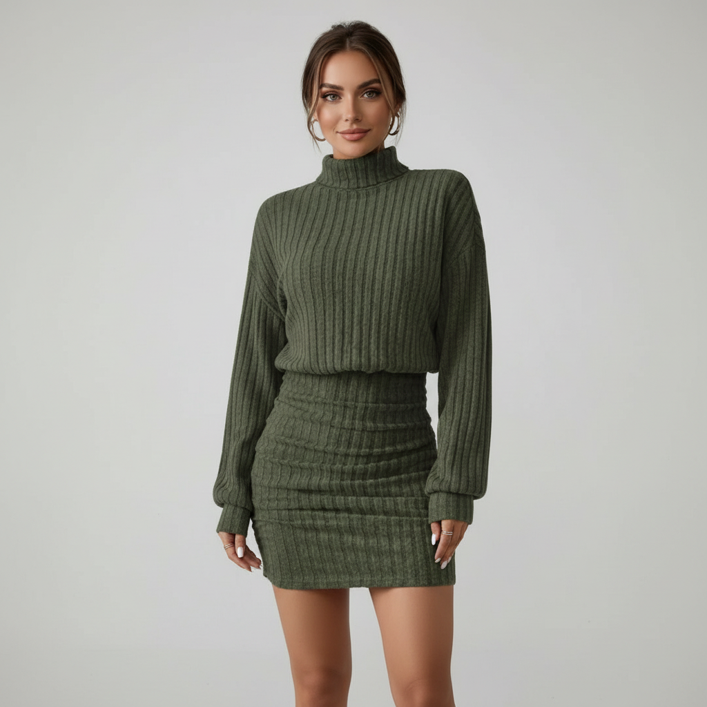 Women's Turtleneck Bodycon Dress Long Sleeve Ribbed Knit - Green Juniper