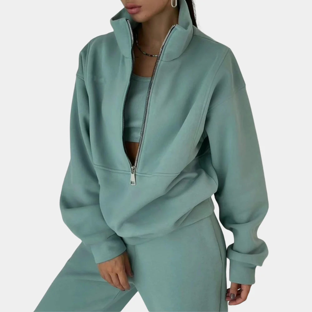 Women's Half-Zip Tracksuit Set with Long Sleeves - Green