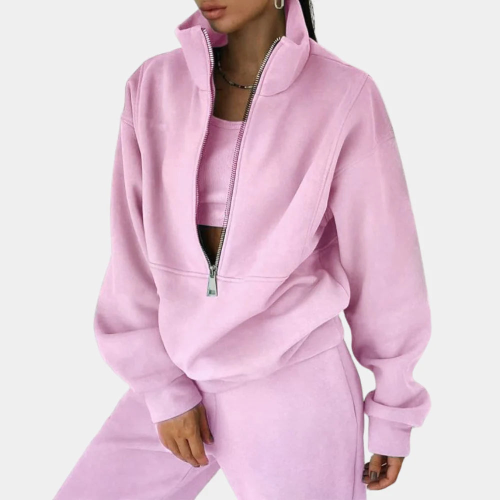 Women's Half-Zip Tracksuit Set with Long Sleeves - Pink