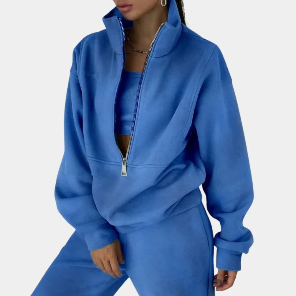 Women's Half-Zip Tracksuit Set with Long Sleeves - Blue