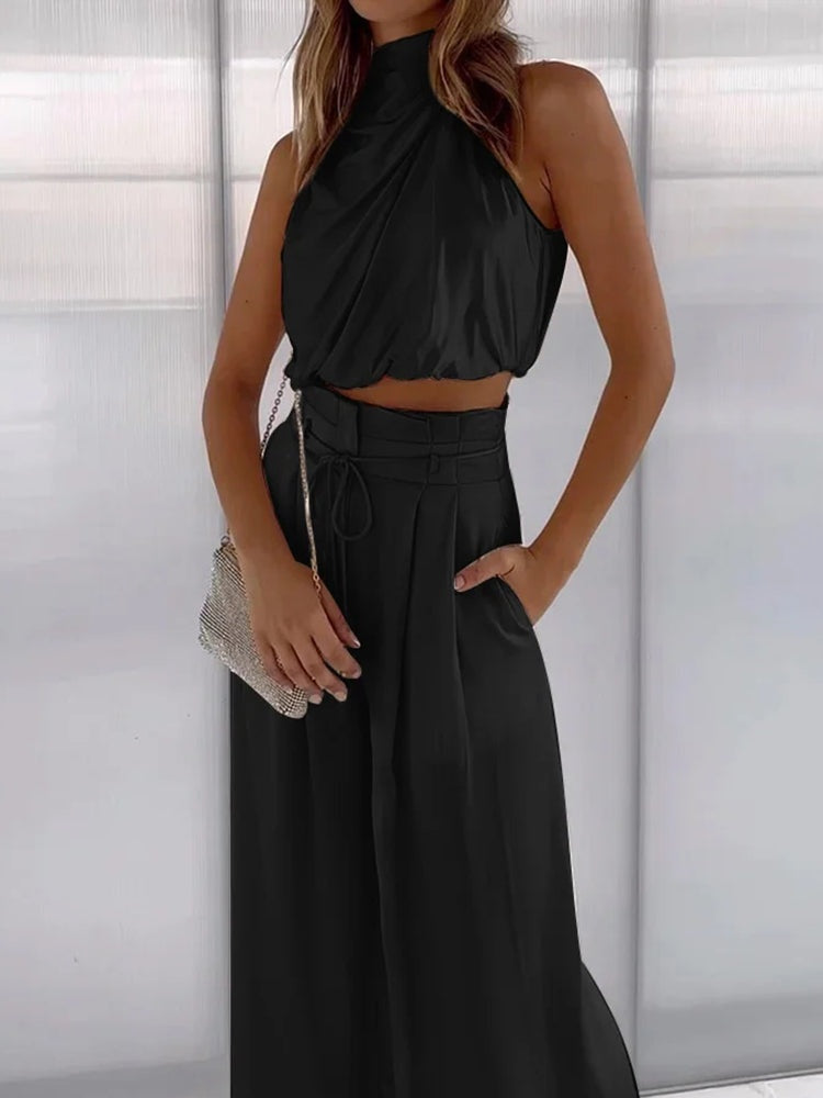 Women's Halterneck Top and Wide Leg Trousers Set - 11
