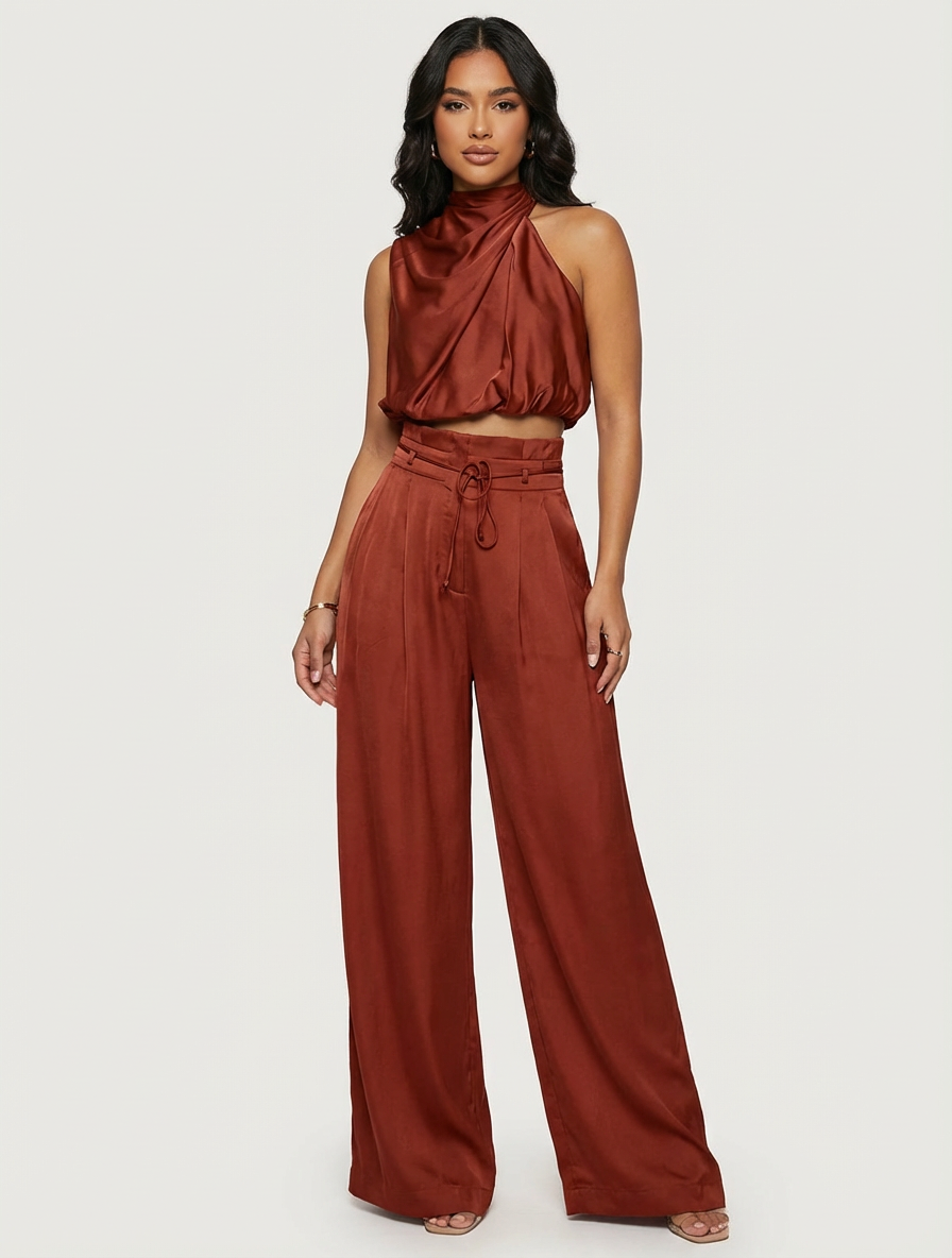 Women's Halterneck Top and Wide Leg Trousers Set - Red