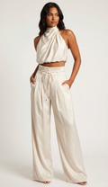 Women's Halterneck Top and Wide Leg Trousers Set - Champagne