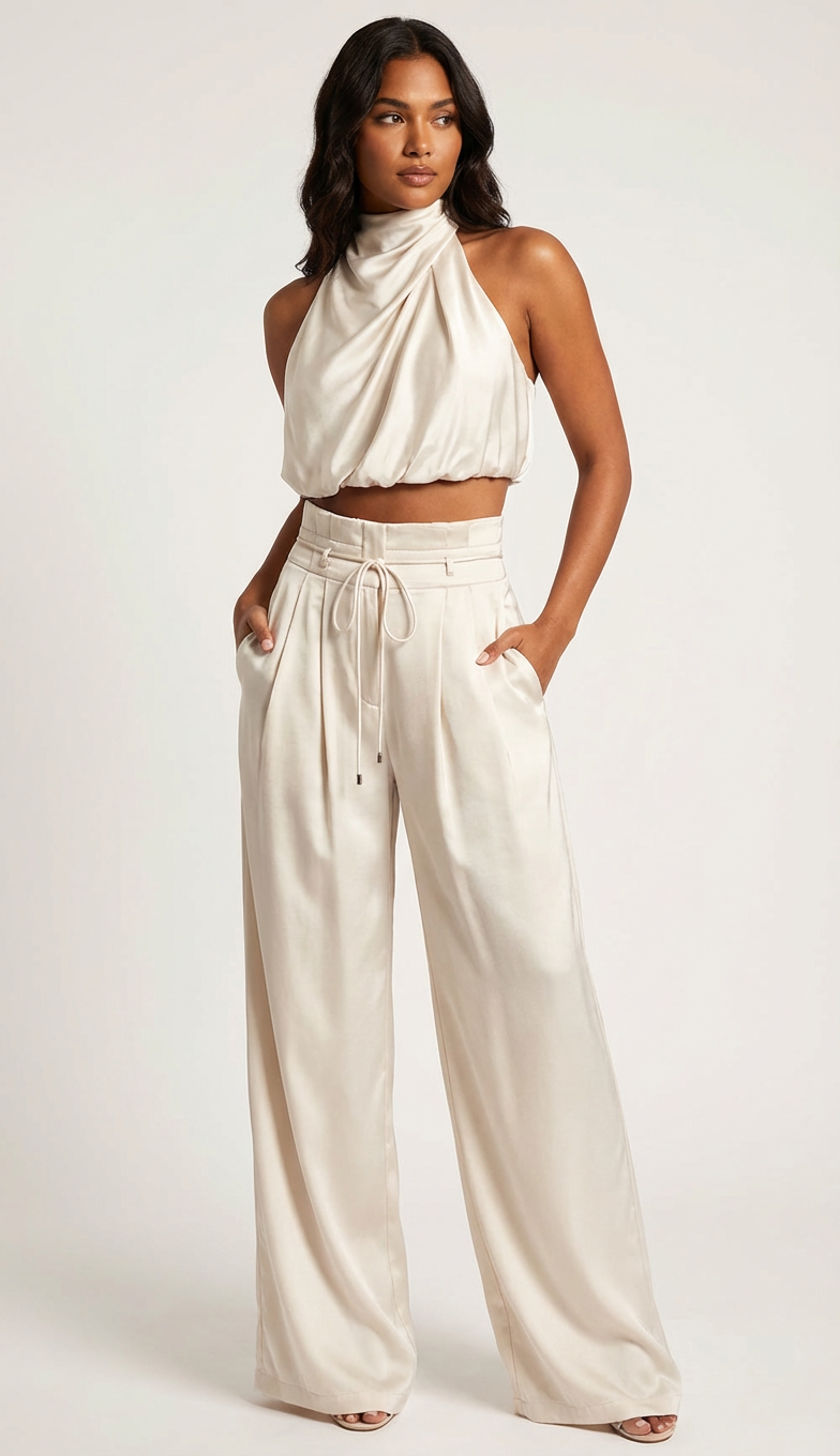 Women's Halterneck Top and Wide Leg Trousers Set - Champagne