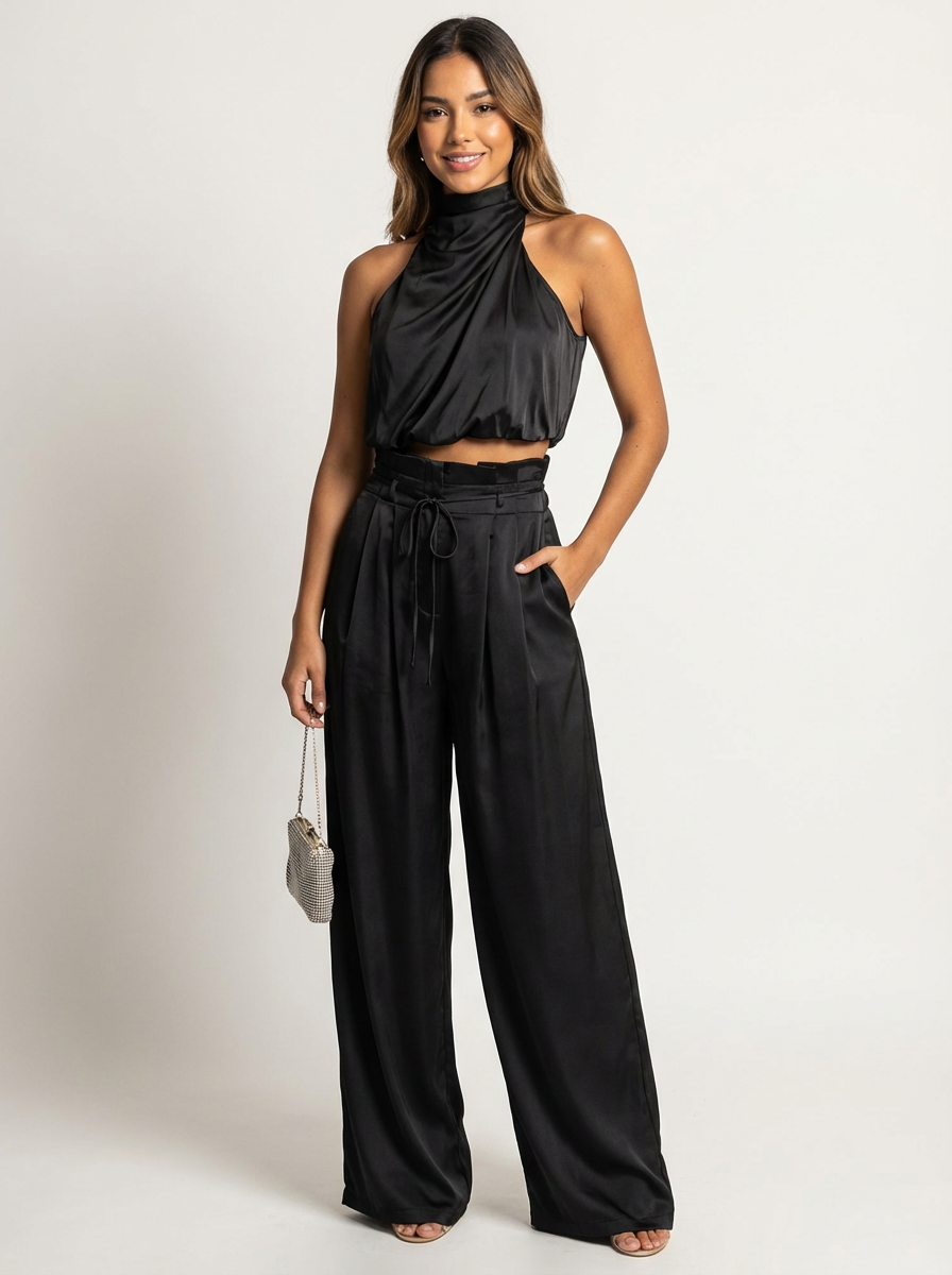 Women's Halterneck Top and Wide Leg Trousers Set - Black