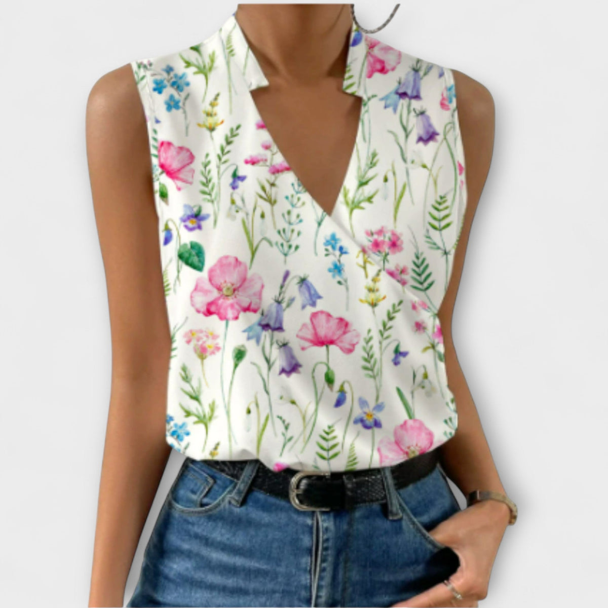 Women's Sleeveless Wrap Top with V-Neck - Floral 1