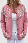 Women's Cardigan Long Sleeve with Fair Isle Pattern and Button Front - Pink