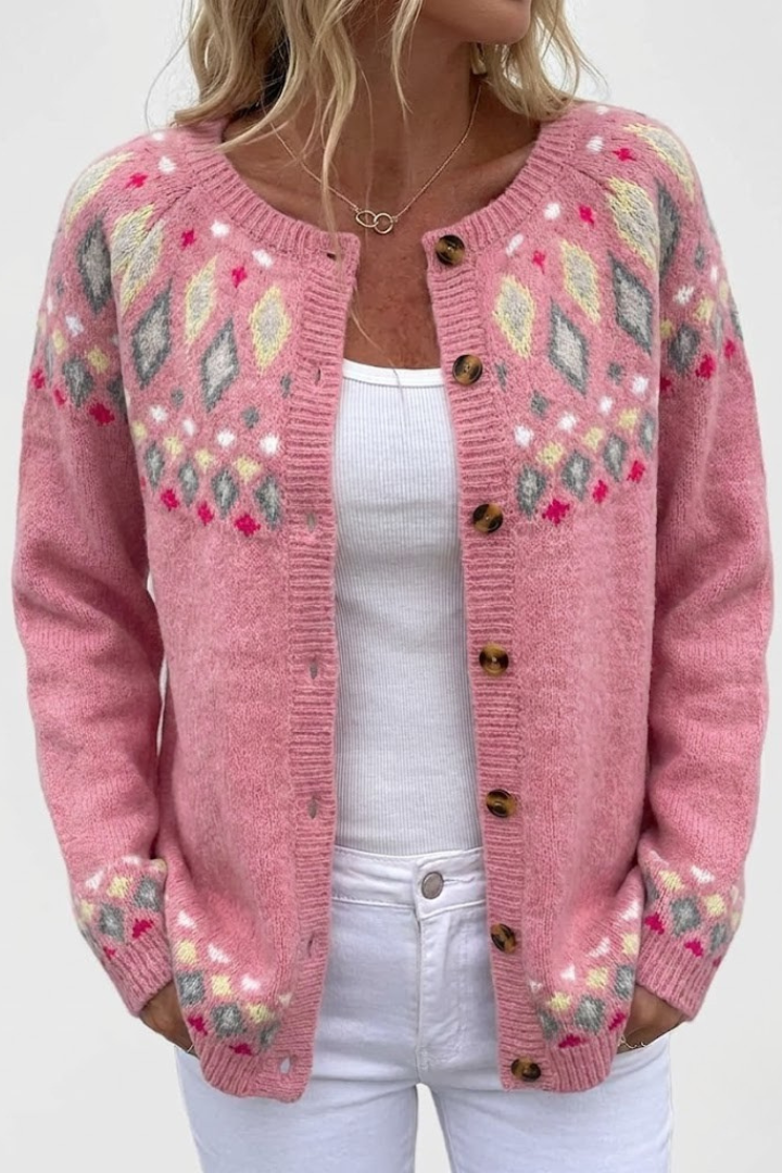 Women's Cardigan Long Sleeve with Fair Isle Pattern and Button Front - Pink