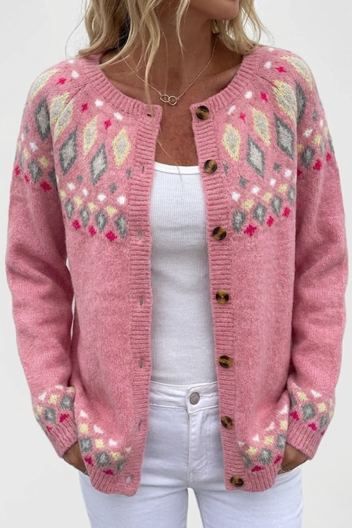 Women's Cardigan Long Sleeve with Fair Isle Pattern and Button Front - Pink