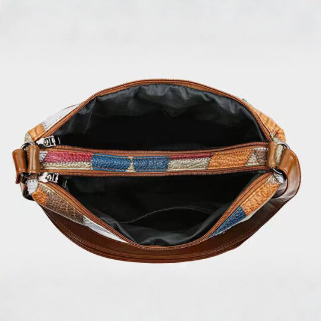 Women's Patchwork Shoulder Bag with Multiple Zip Pockets - 7