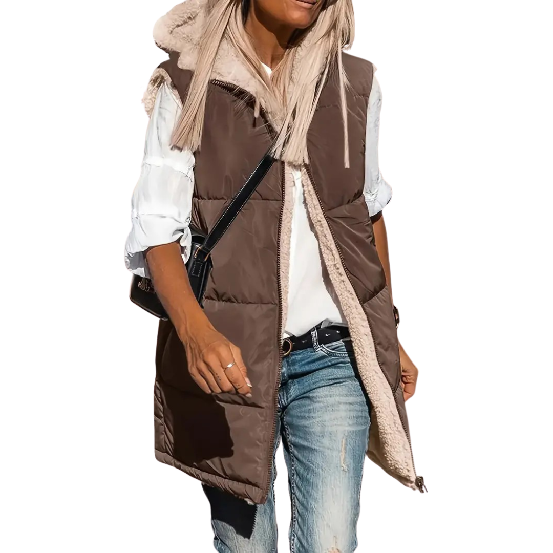 Women's Reversible Puffer Gilet Sherpa Lined Hooded Sleeveless Coat - Coffee