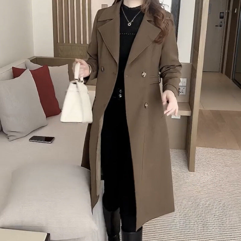 Women's Trench Coat Double-Breasted with Notch Lapel and A-Line Silhouette - Brown