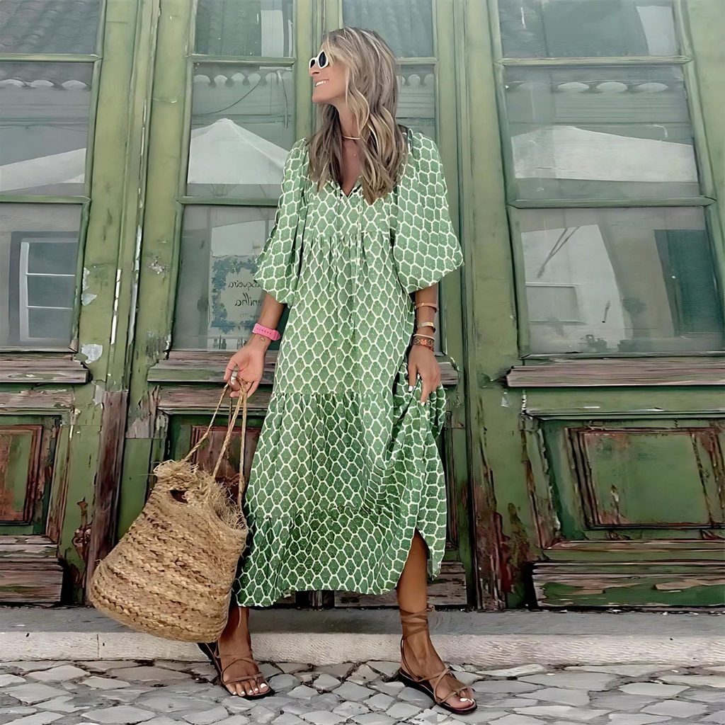 Women's Maxi Dress Long Sleeve with V-Neck and Tiered Skirt - 7