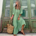 Women's Maxi Dress Long Sleeve with V-Neck and Tiered Skirt - Green and White