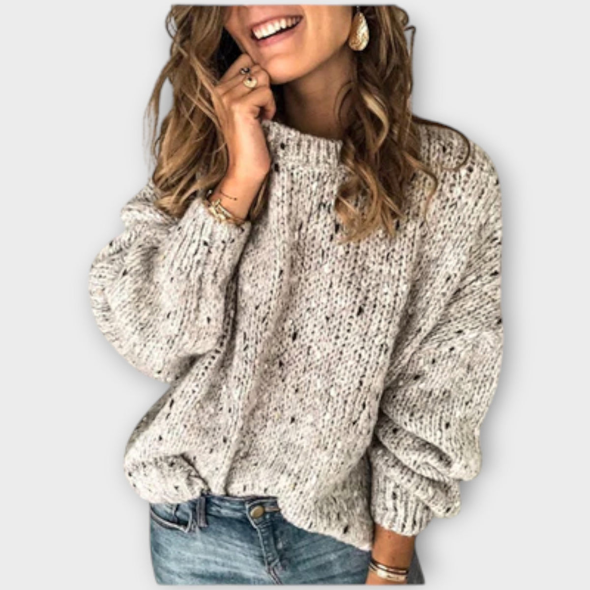 Women's Jumper Loose Fit with Round Neck and Long Sleeves - Beige