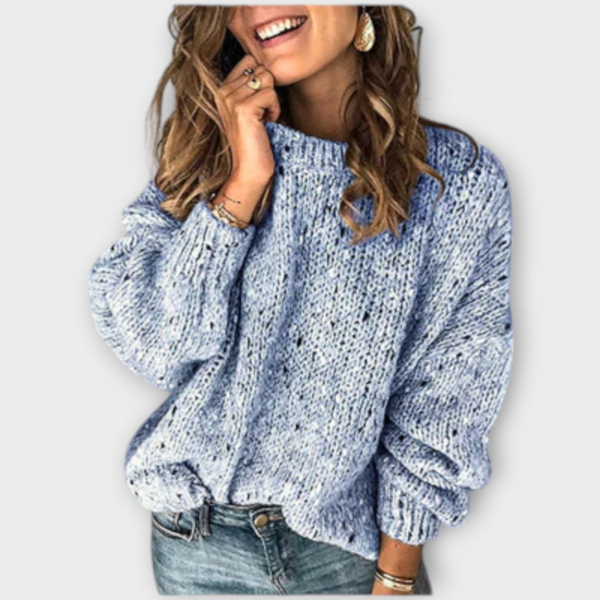 Women's Jumper Loose Fit with Round Neck and Long Sleeves - Blue