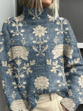 Women's Jumper Loose Fit with Turtleneck and Ribbed Detail - Light Blue