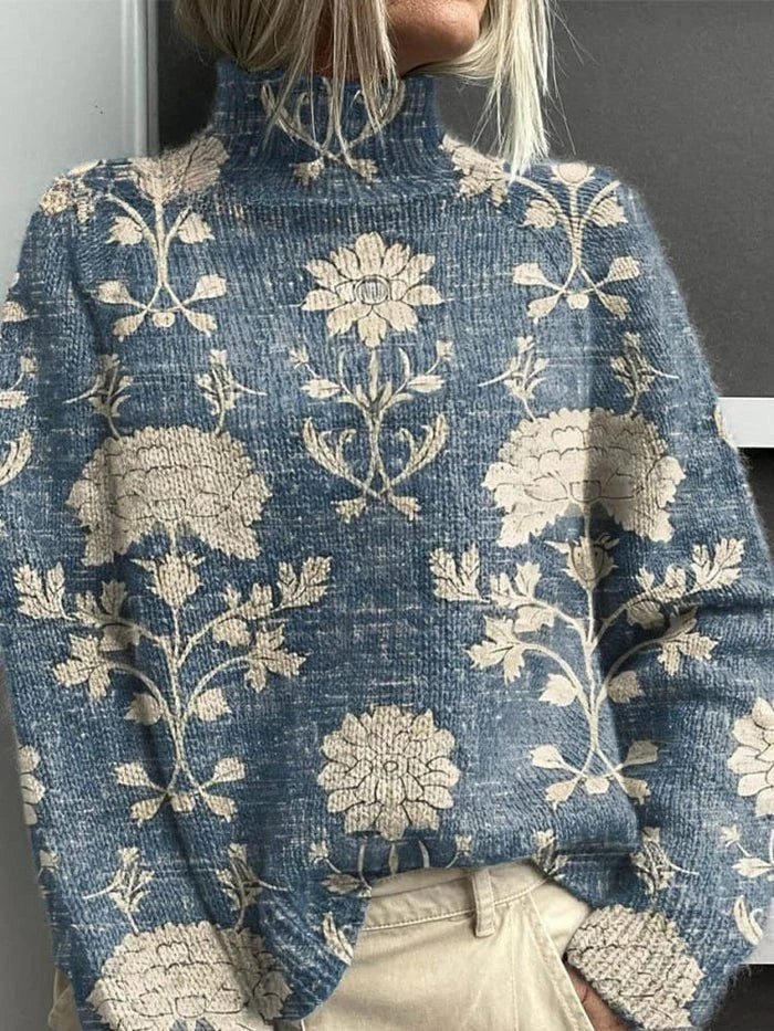 Women's Jumper Loose Fit with Turtleneck and Ribbed Detail - Light Blue