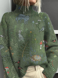 Women's Jumper Loose Fit with Turtleneck and Ribbed Detail - Green