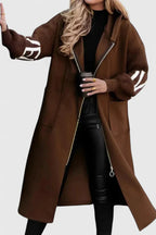 Women's Longline Hooded Coat with Zip Front and Contrast Knit Sleeves - 6