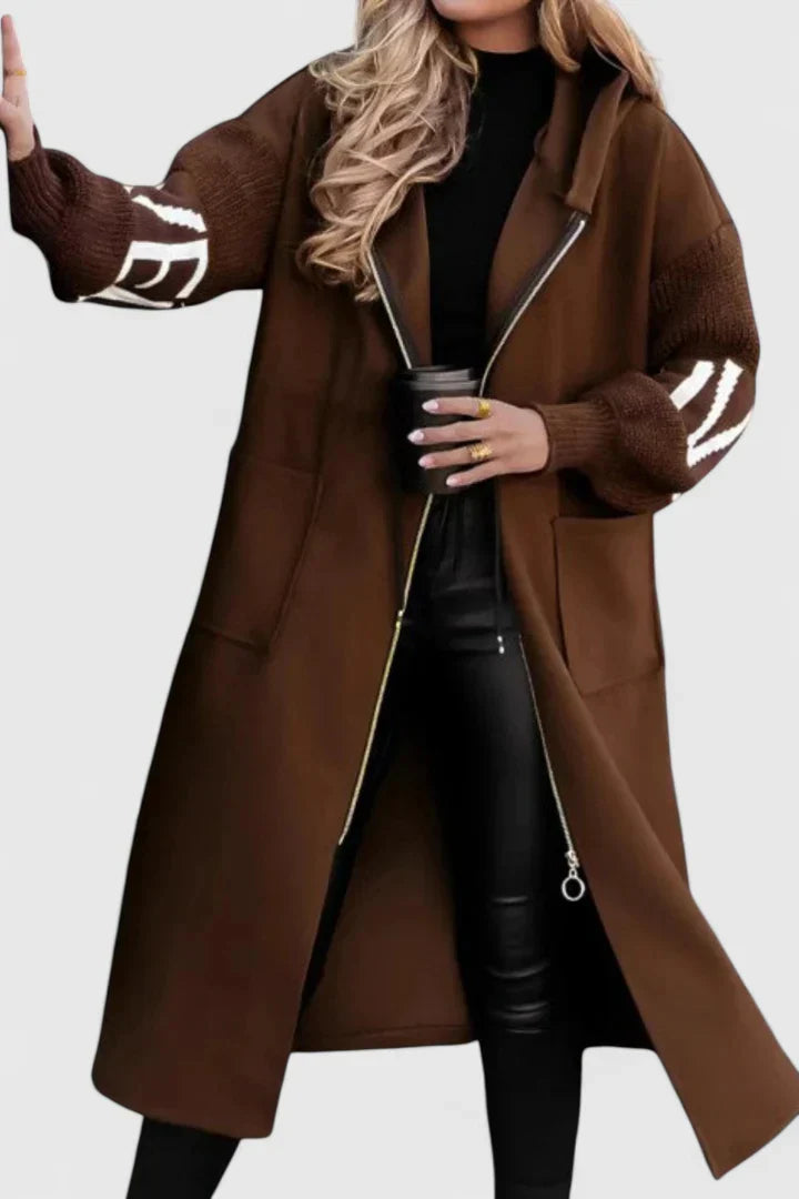 Women's Longline Hooded Coat with Zip Front and Contrast Knit Sleeves - Brown