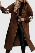Women's Longline Hooded Coat with Zip Front and Contrast Knit Sleeves - Brown