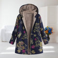 Women's Hooded Jacket with Floral Print and Zip Fastening - Dark Blue