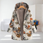 Women's Hooded Jacket with Floral Print and Zip Fastening - Beige