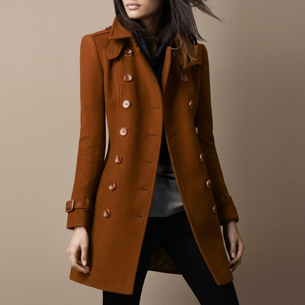 Women's Double-Breasted Military Coat Notch Lapel - Camel Brown