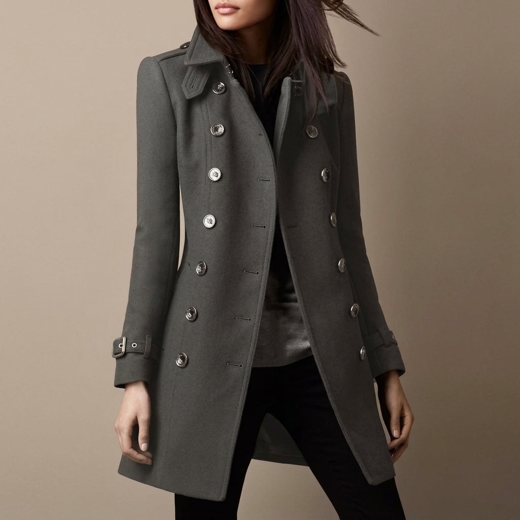 Women's Double-Breasted Military Coat Notch Lapel - Grey